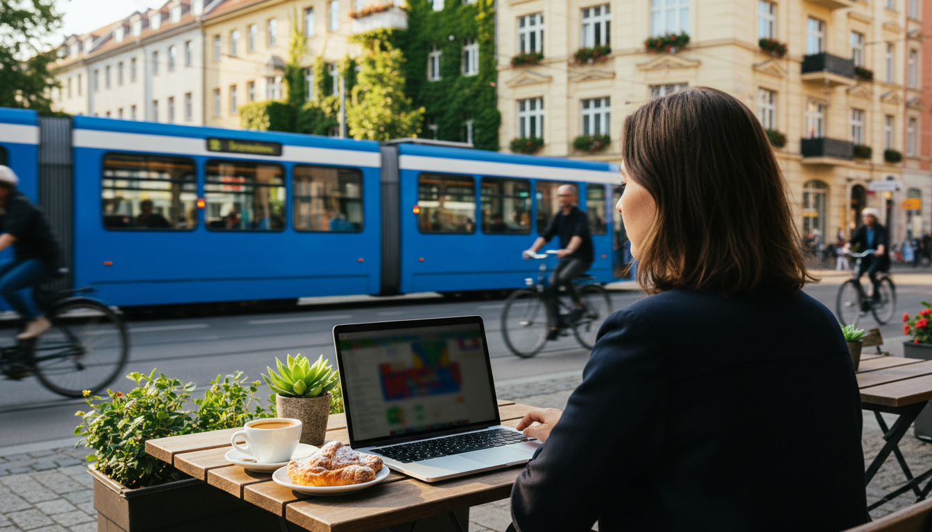 Woman sitting at caf terrace in Berlin, laptop open, coffee and pastry on table, with view of typica