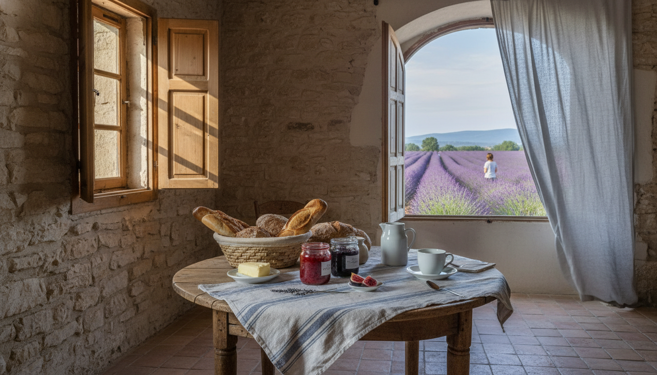 Morning light streaming through shutters of a traditional Provenal stone house, with a rustic wooden