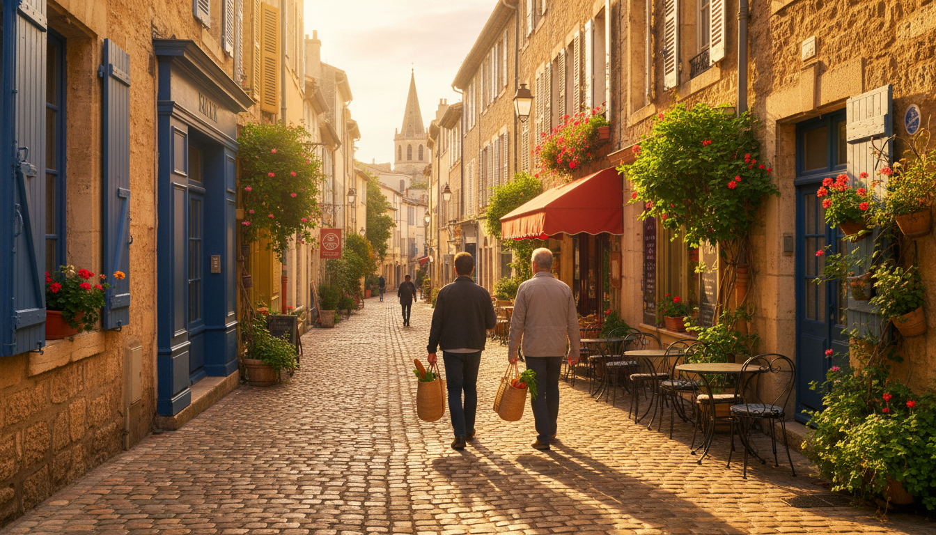 Narrow cobblestone street in Aix-en-Provence at golden hour, shuttered windows with flower boxes, a