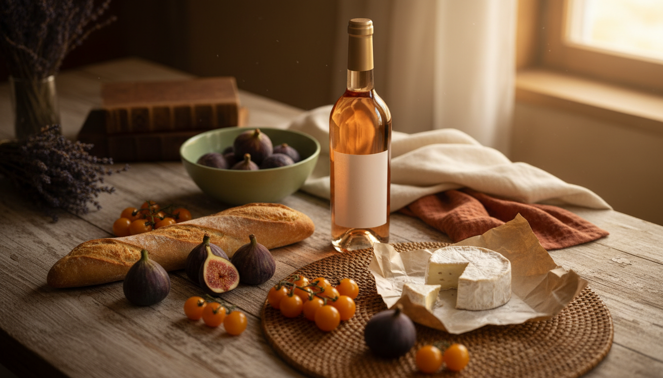 Overhead shot of a rustic wooden table covered with Provenal market findspurple figs, golden tomatoe
