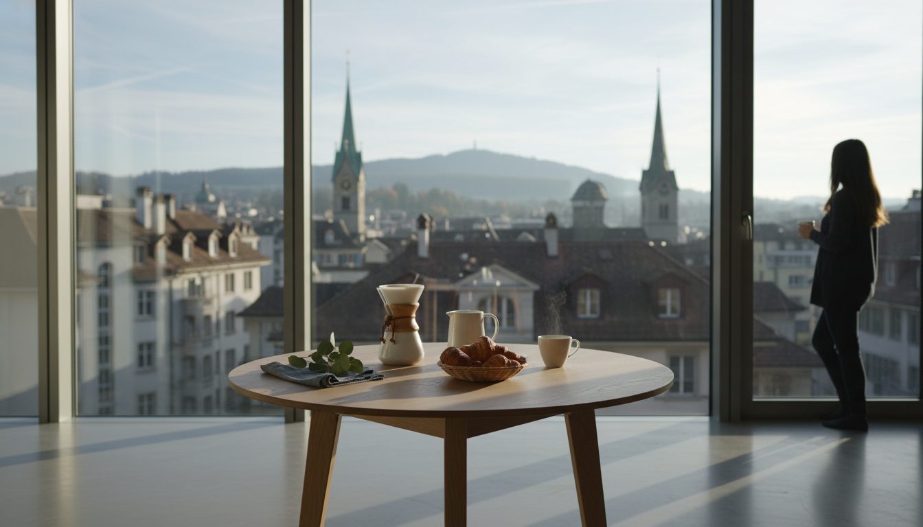 Morning light streaming through floor-to-ceiling windows of a modern Zurich apartment in Kreis 4, wi
