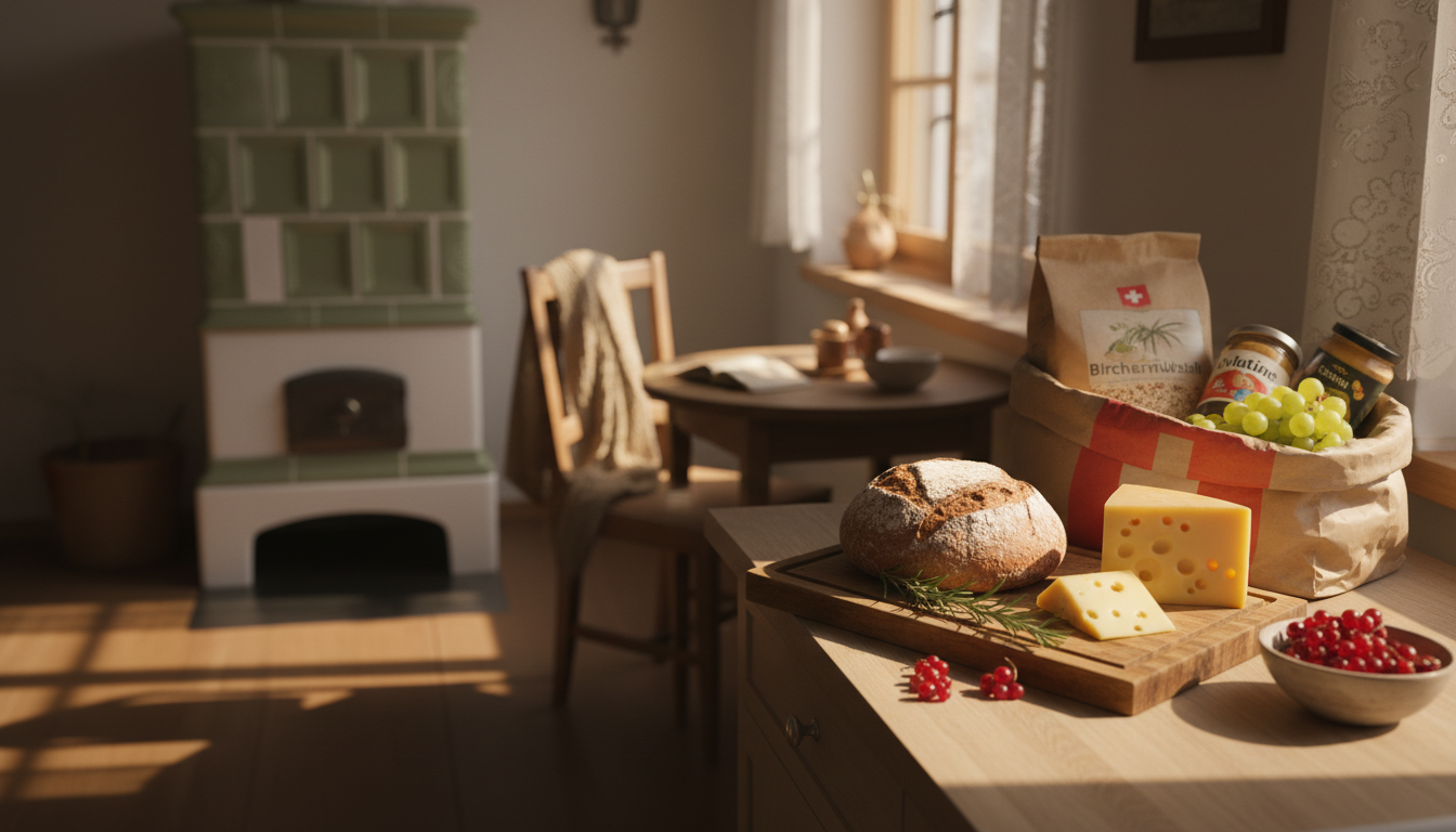 Cozy kitchen corner in a Zurich apartment showing local Swiss groceries, a Migros shopping bag, fres