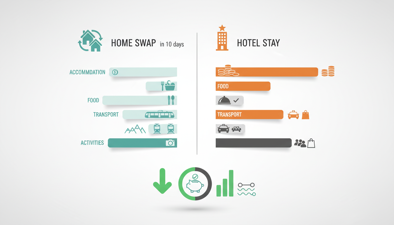Infographic showing side-by-side cost comparison between home swap and hotel stay in Zurich over 10