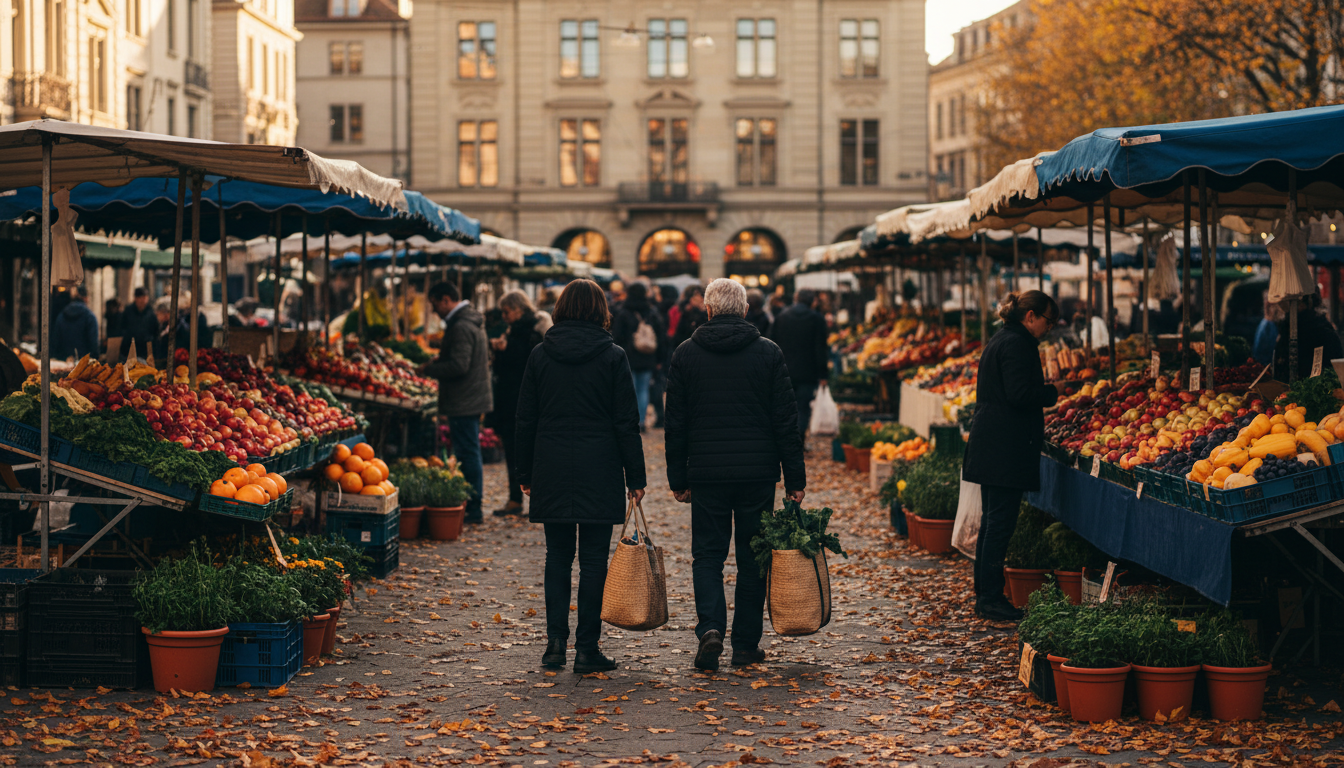 Autumn morning at Helvetiaplatz farmers market in Zurich, showing colorful produce stands, locals sh