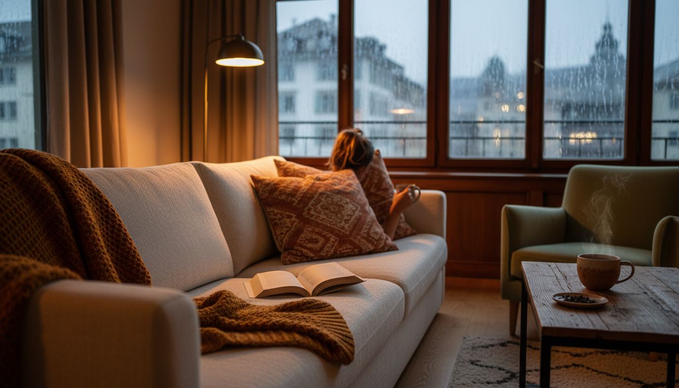 Cozy evening scene in a Zurich apartment living room with warm lamp lighting, a book open on a comfo