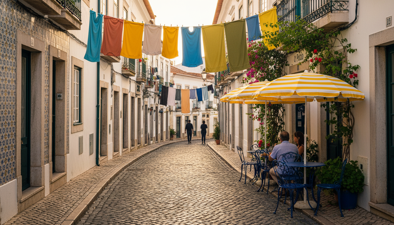 Narrow cobblestone street in Lagos old town with traditional Portuguese tiles, hanging laundry, and