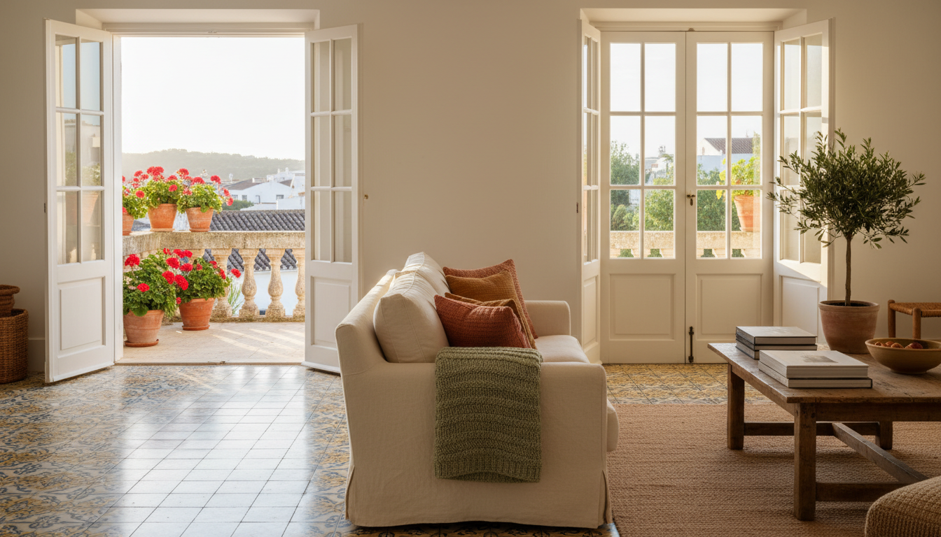 Bright, airy Portuguese living room with traditional azulejo tiles, a comfortable sofa, and French d