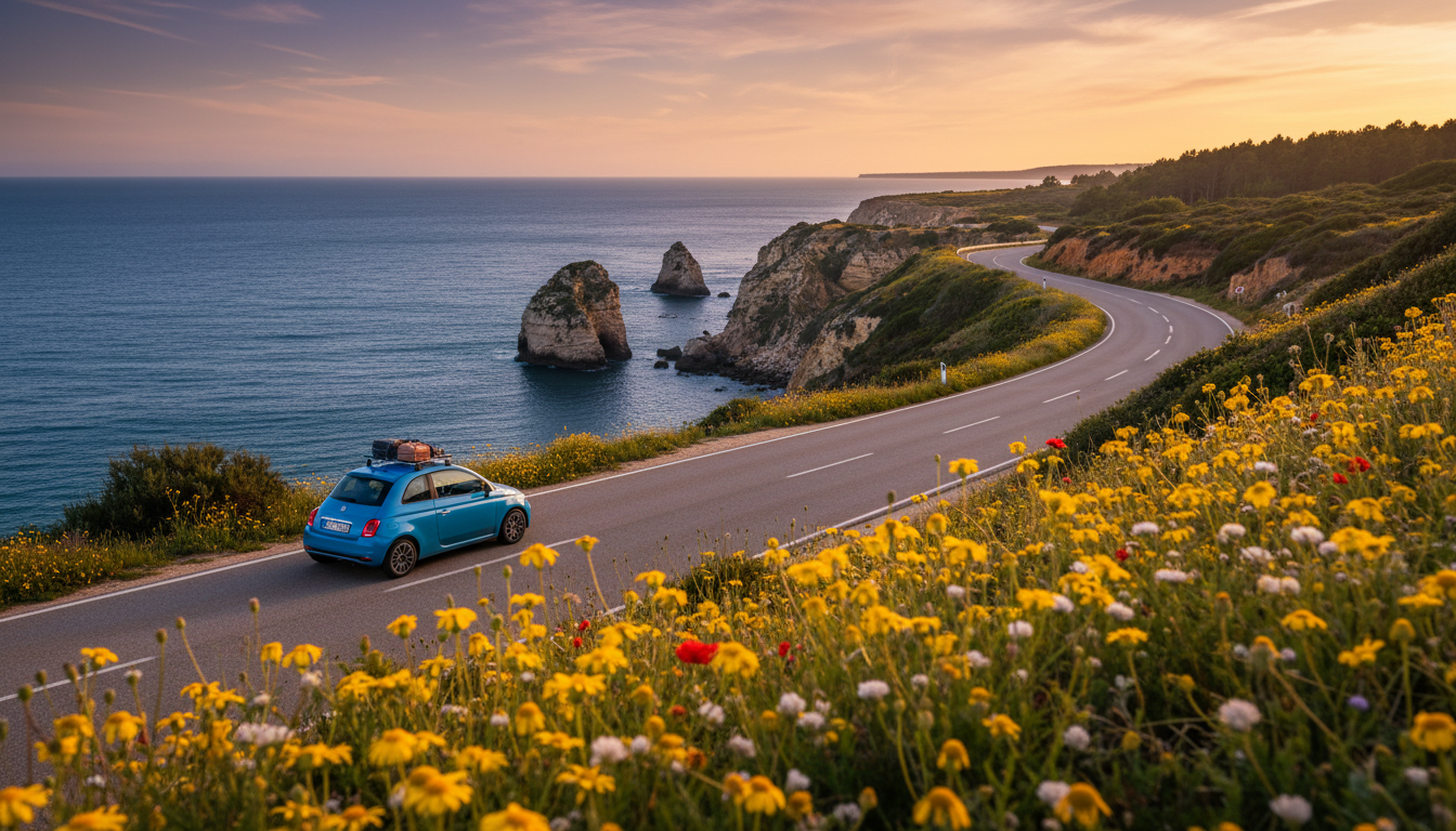Winding coastal road along Algarve cliffs with a small rental car, dramatic ocean views, and yellow