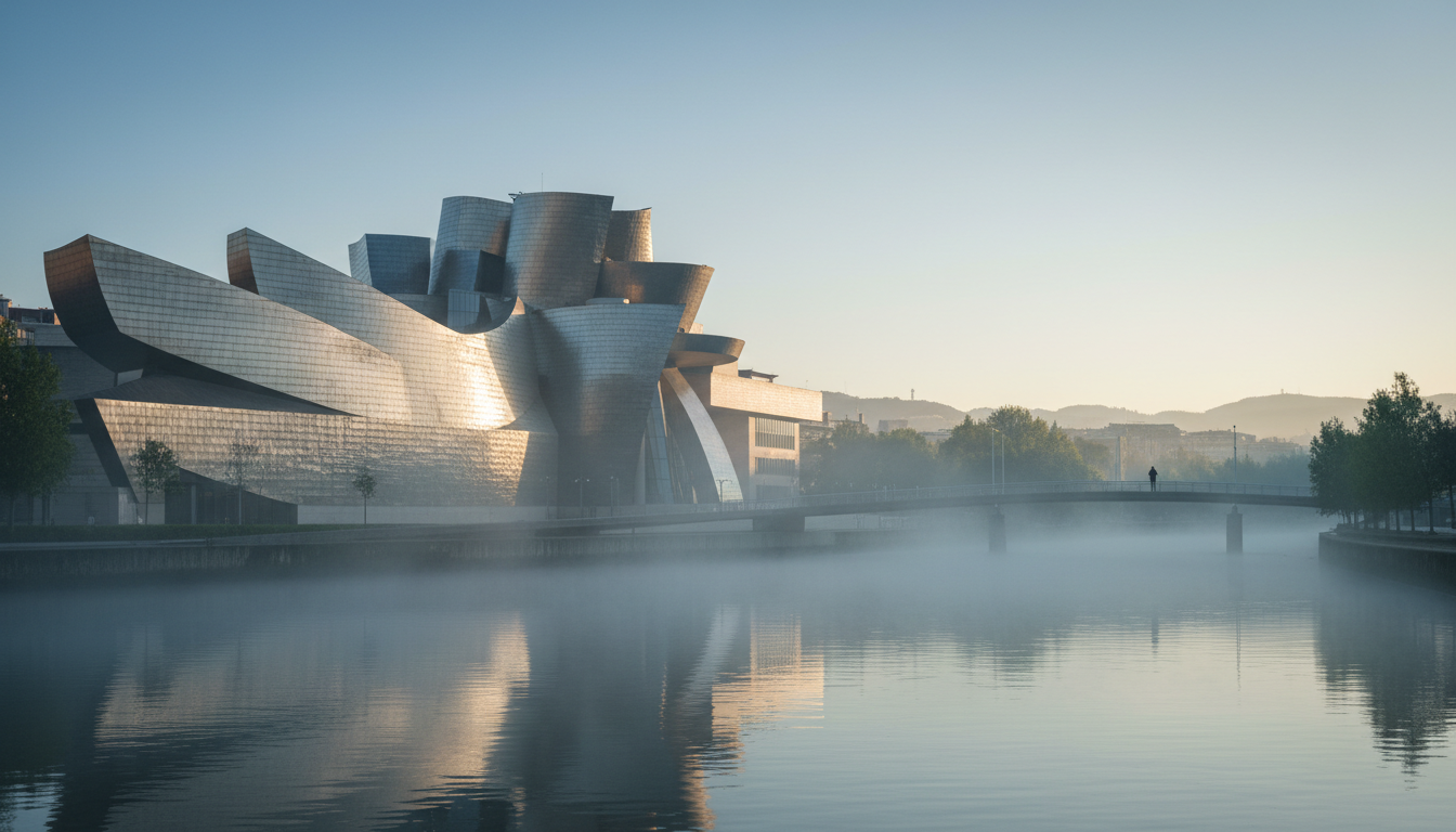 Morning light hitting the Guggenheim Museums titanium panels with the Nervin River in the foreground