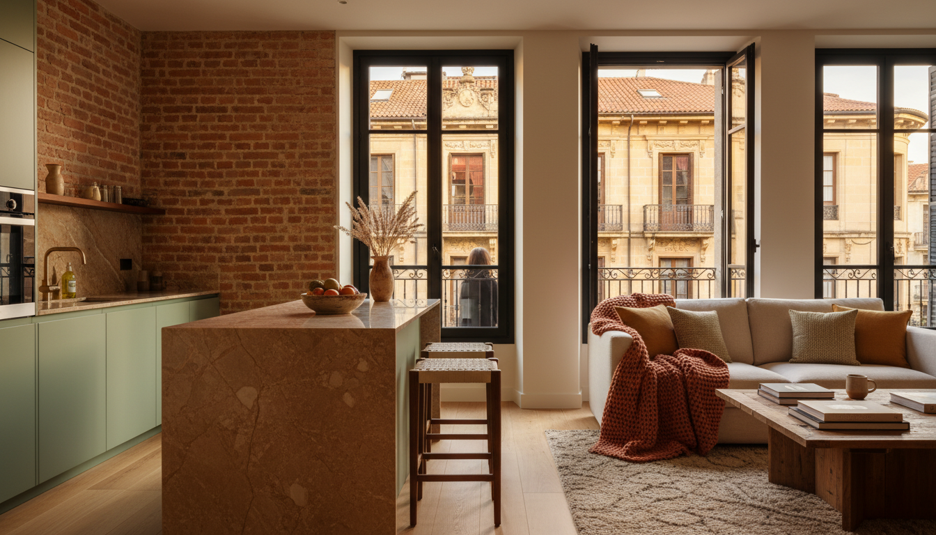 Interior of a renovated Bilbao apartment with exposed brick walls, modern kitchen, and large windows