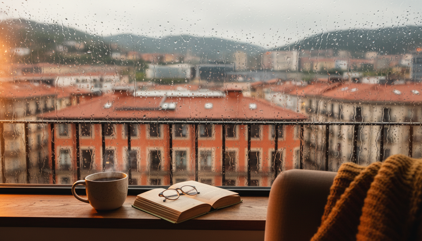 Rainy afternoon view through a window with a cup of coffee and a book, Bilbao rooftops visible throu