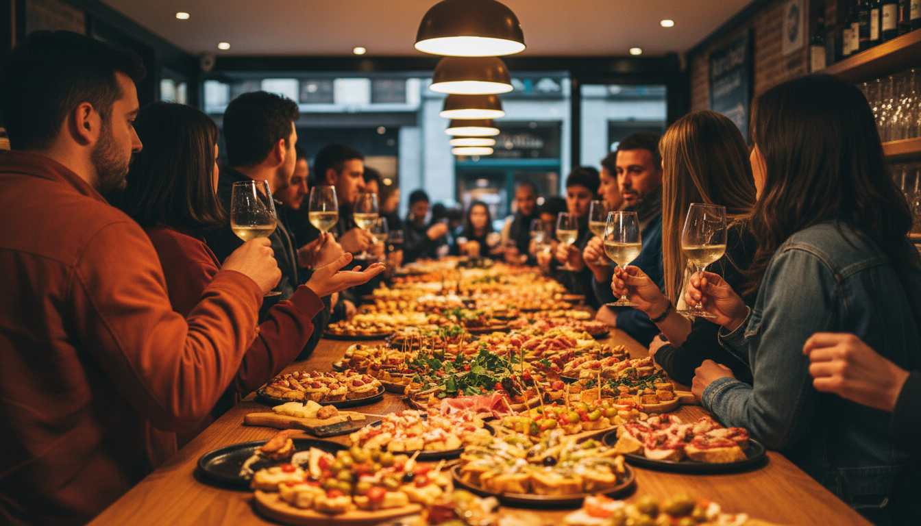 Crowded pintxos bar in Bilbao with colorful small plates lining the counter, locals standing with sm