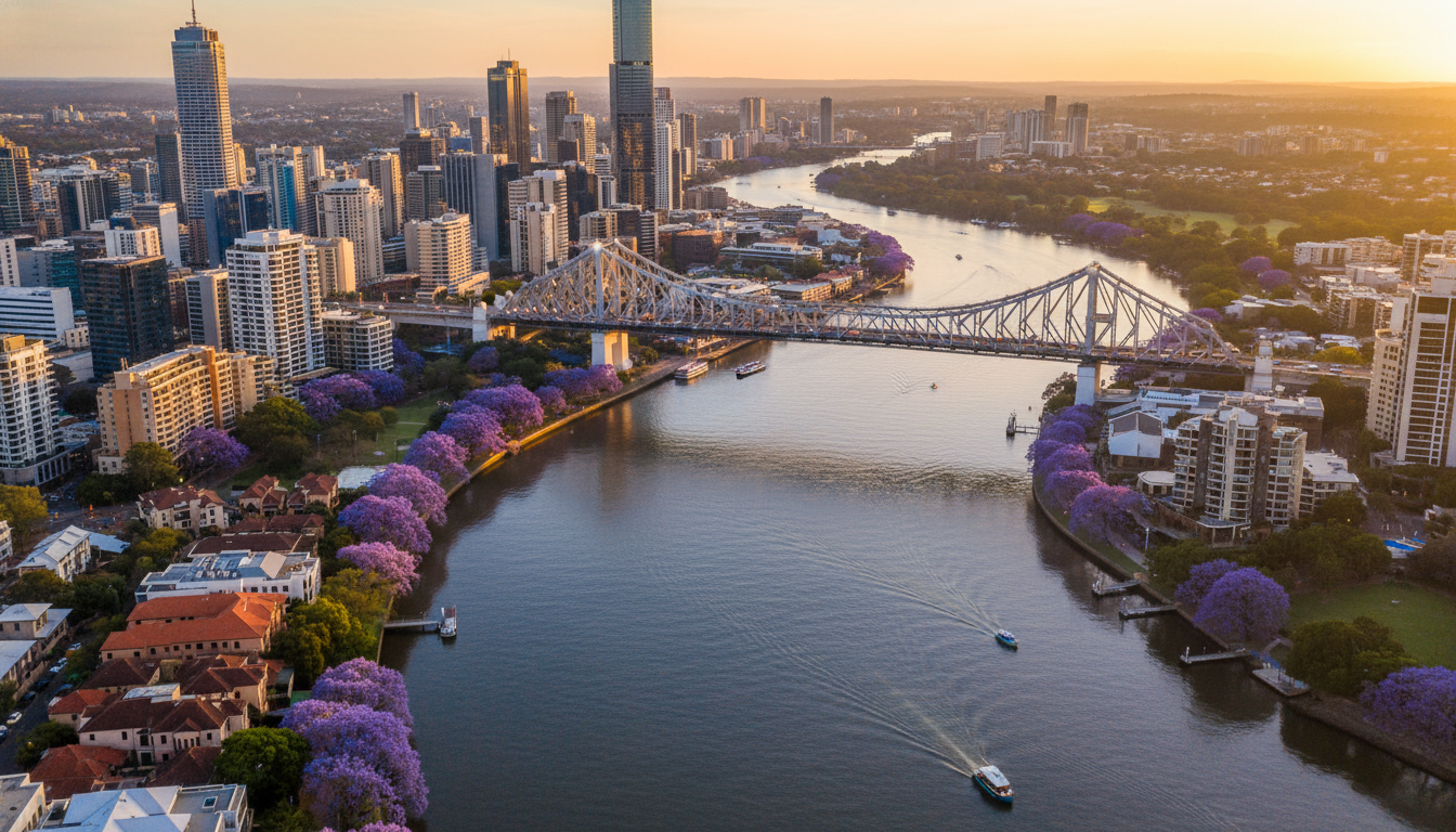 Aerial view of Brisbane River curving through the city at golden hour, with the Story Bridge illumin