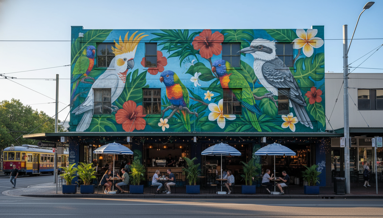 Colorful street art mural on a West End building featuring Australian native birds and tropical plan