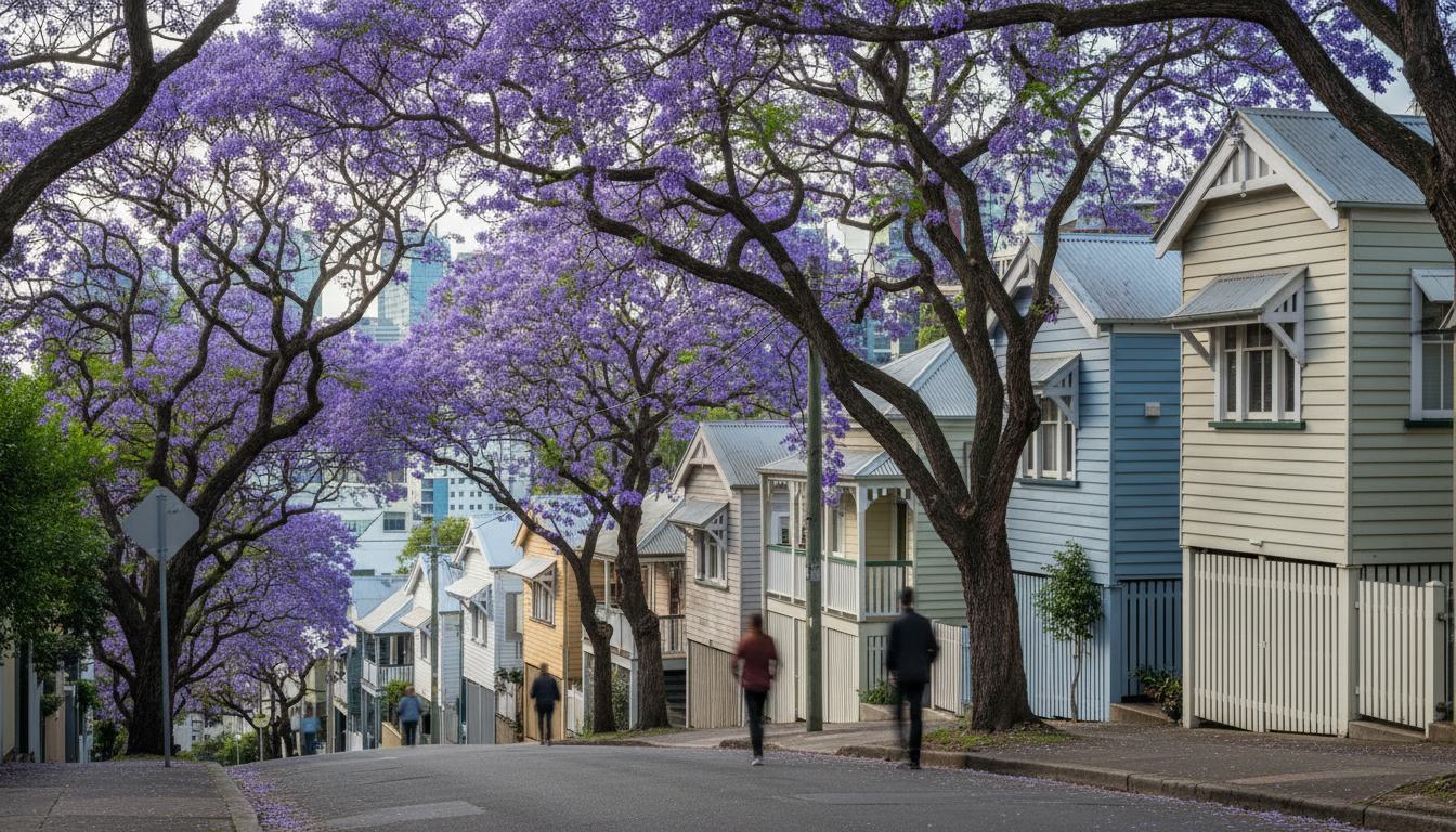 A row of pastel-colored heritage Queenslander cottages on a steep Paddington street, with jacaranda