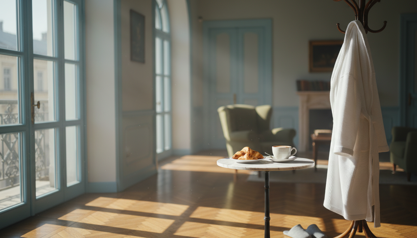Golden morning light streaming through tall windows of a classic Budapest apartment, parquet floors