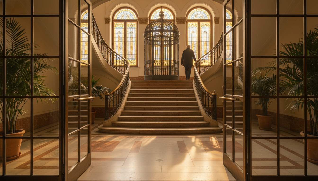 Elegant Budapest apartment building entrance with ornate iron elevator cage visible through glass do
