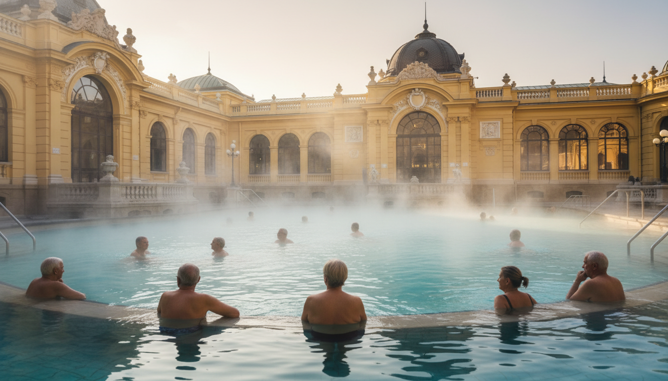 Interior of Szchenyi Thermal Bath showing the grand neo-baroque outdoor pool with steam rising, seni