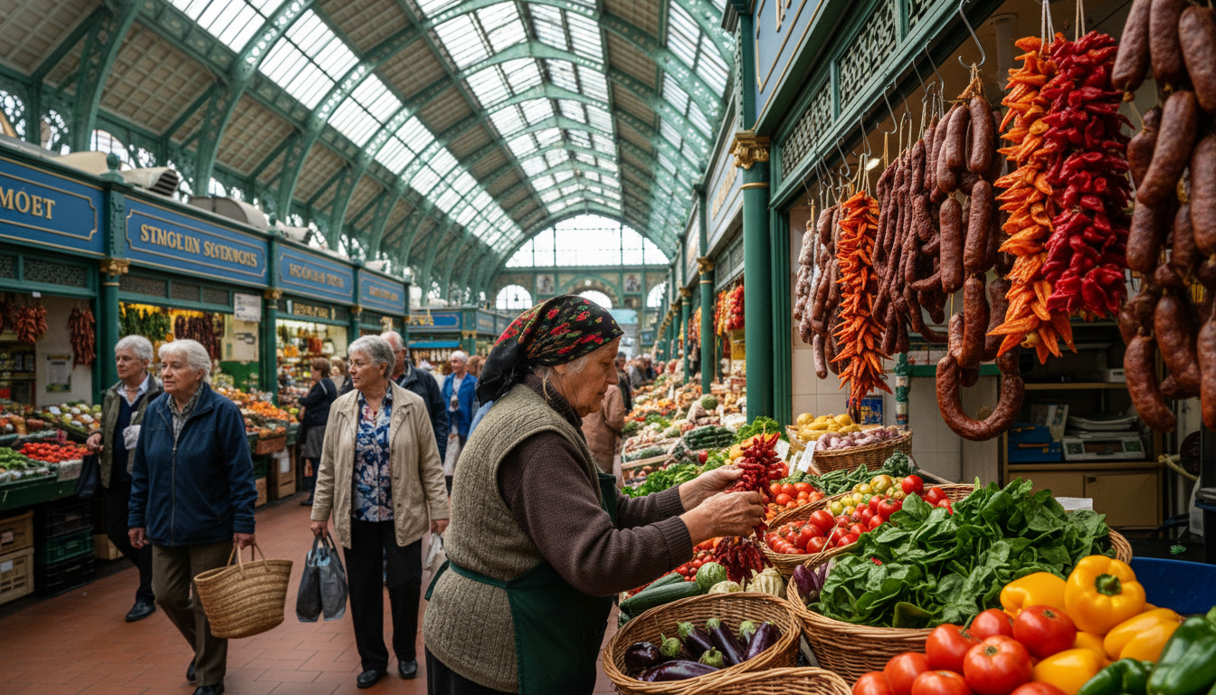 Colorful produce stalls at Budapests Great Market Hall, elderly Hungarian vendor arranging paprika a