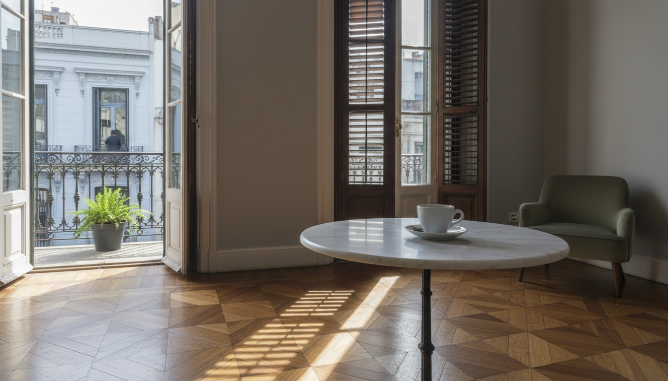 Morning light streaming through wooden shutters onto original parquet floors in a classic Buenos Air
