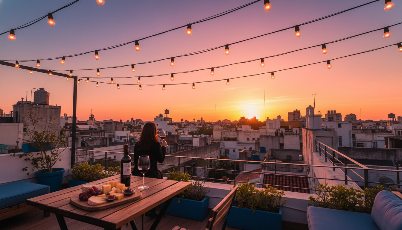 Rooftop terrace in Palermo Soho at golden hour, string lights overhead, small table with wine and ch