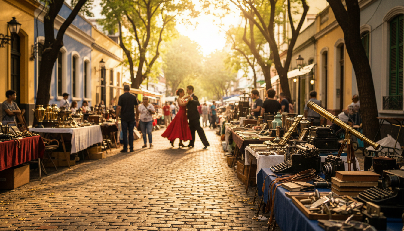 Cobblestone street in San Telmo on a Sunday afternoon, antique vendors with brass items and vintage