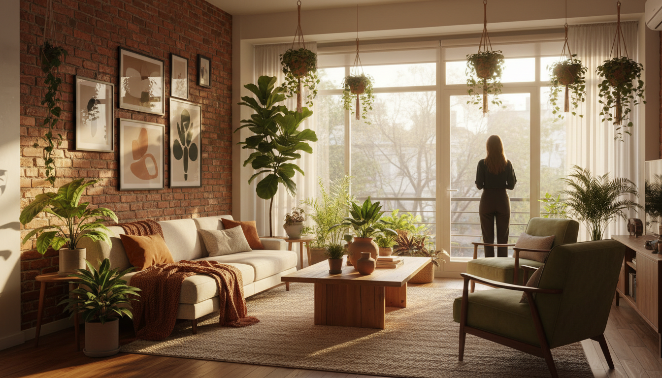 Interior of a thoughtfully designed Villa Crespo apartment, mid-century modern furniture, exposed br
