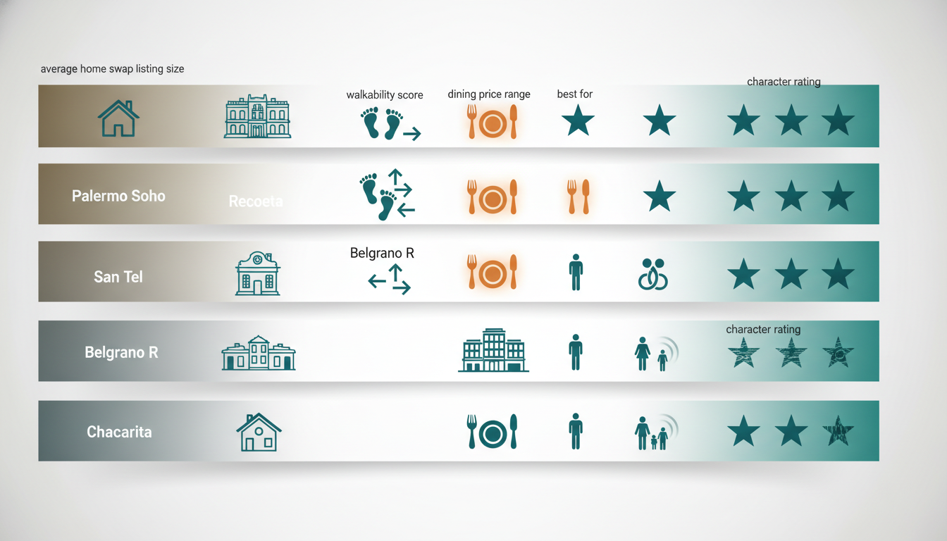 Comparison infographic showing 6 Buenos Aires neighborhoods with icons for average home swap listing