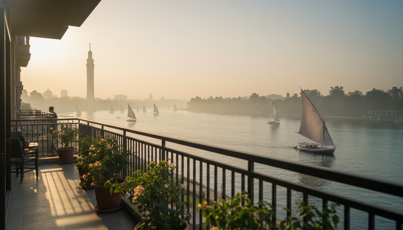 Early morning view from a Zamalek apartment balcony overlooking the Nile River, with feluccas sailin