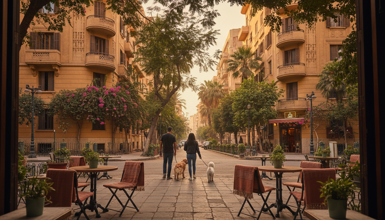 Leafy residential street in Zamalek with Art Deco apartment buildings, a small caf with outdoor seat
