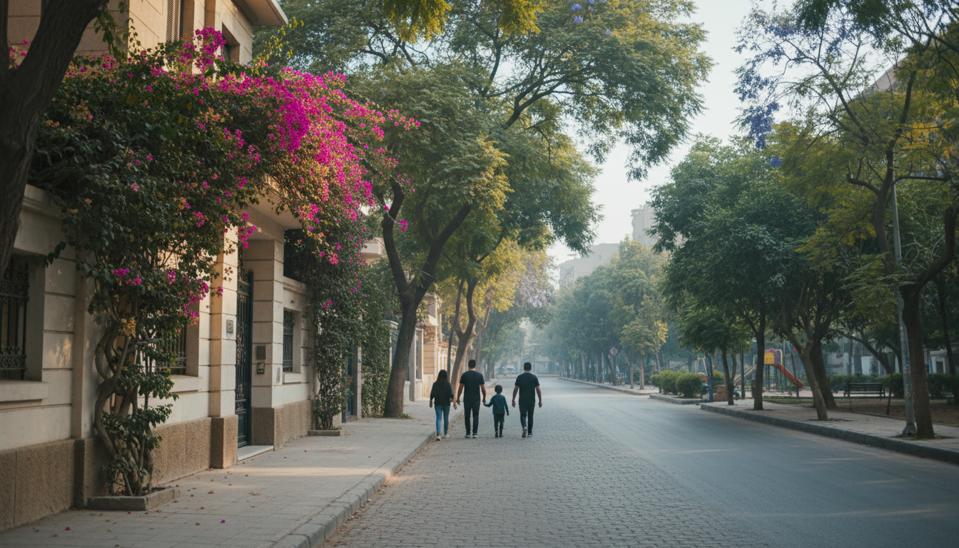 Tree-lined residential street in Maadi with a villa entrance, bougainvillea climbing the walls, and