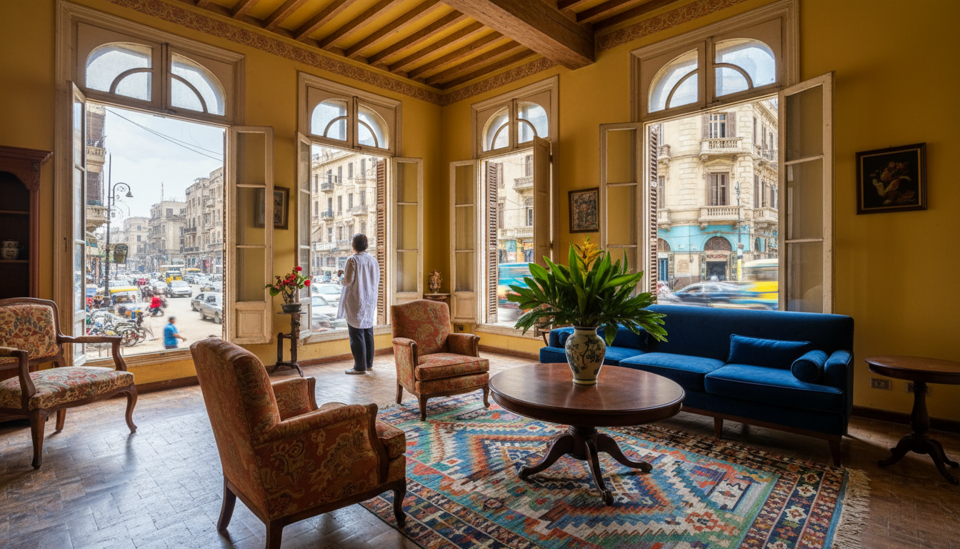 Interior of a renovated Downtown Cairo apartment with soaring ceilings, vintage furniture, and tall