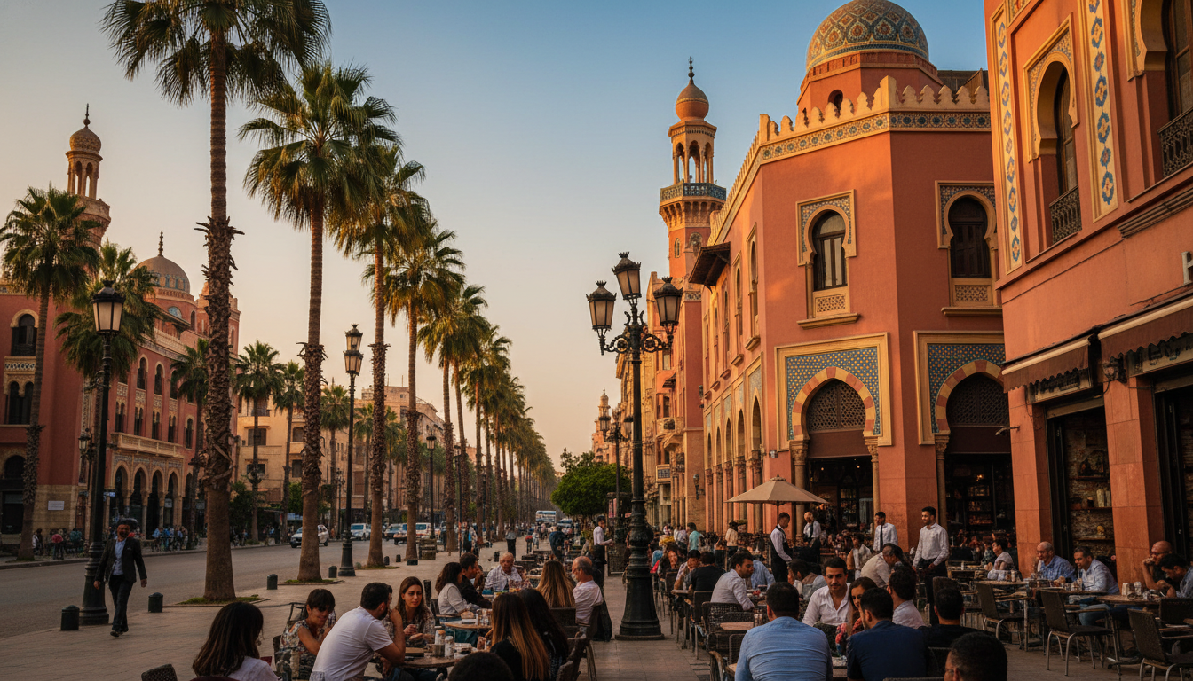 The distinctive Moorish-Belgian architecture of Heliopolis at golden hour, showing ornate building f