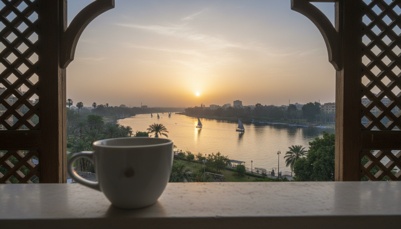 sunrise view over the Nile from a Zamalek apartment balcony, with traditional wooden mashrabiya scre