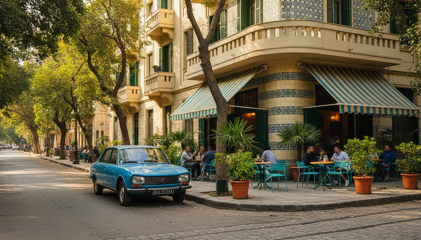 leafy residential street in Zamalek with art deco apartment buildings, a corner cafe with outdoor se
