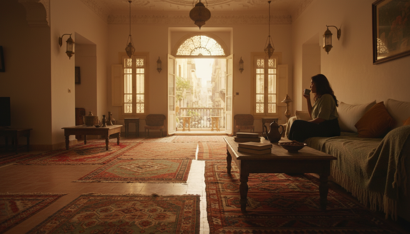 interior of a traditional Cairo apartment with high ceilings, colorful kilim rugs, brass lanterns, a