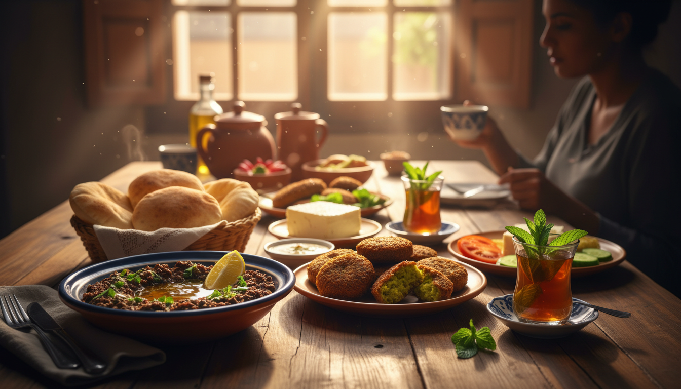 Egyptian breakfast spread on a kitchen table - foul medames, falafel, fresh pita bread, white cheese