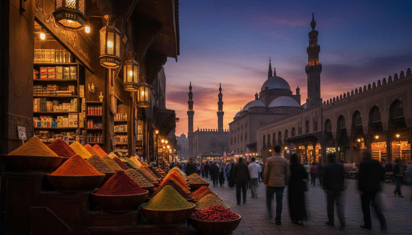Khan el-Khalili bazaar at dusk, with brass lanterns glowing, spice stalls in the foreground, and the