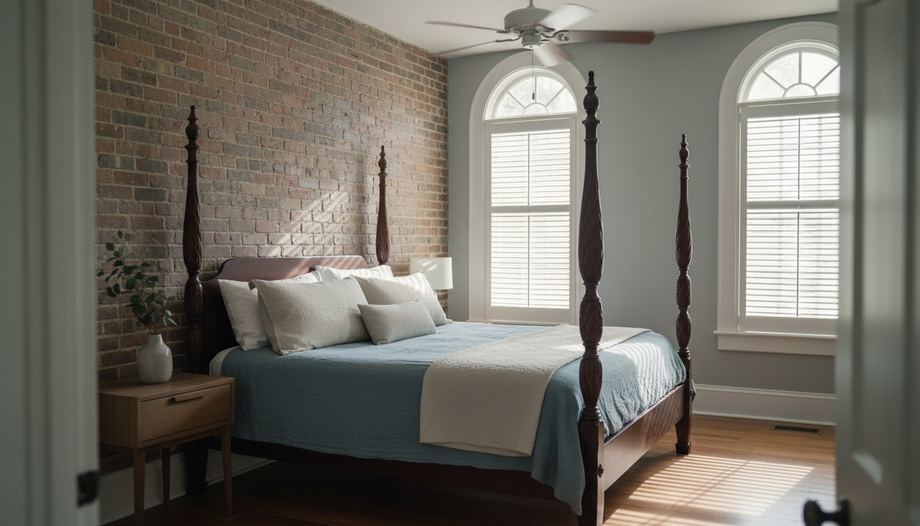 morning light streaming through shuttered windows onto a four-poster bed in a historic Charleston be