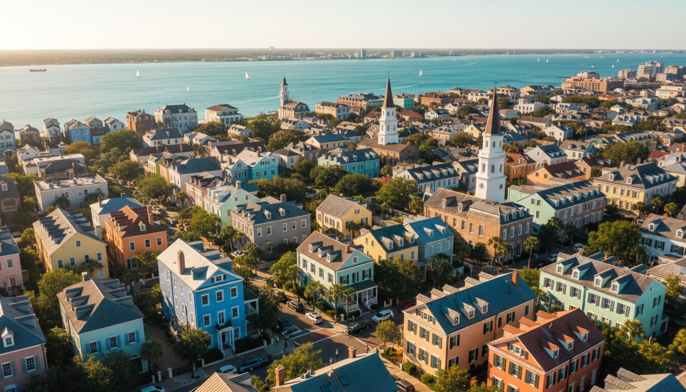aerial view of Charlestons South of Broad neighborhood showing pastel-colored historic homes, church
