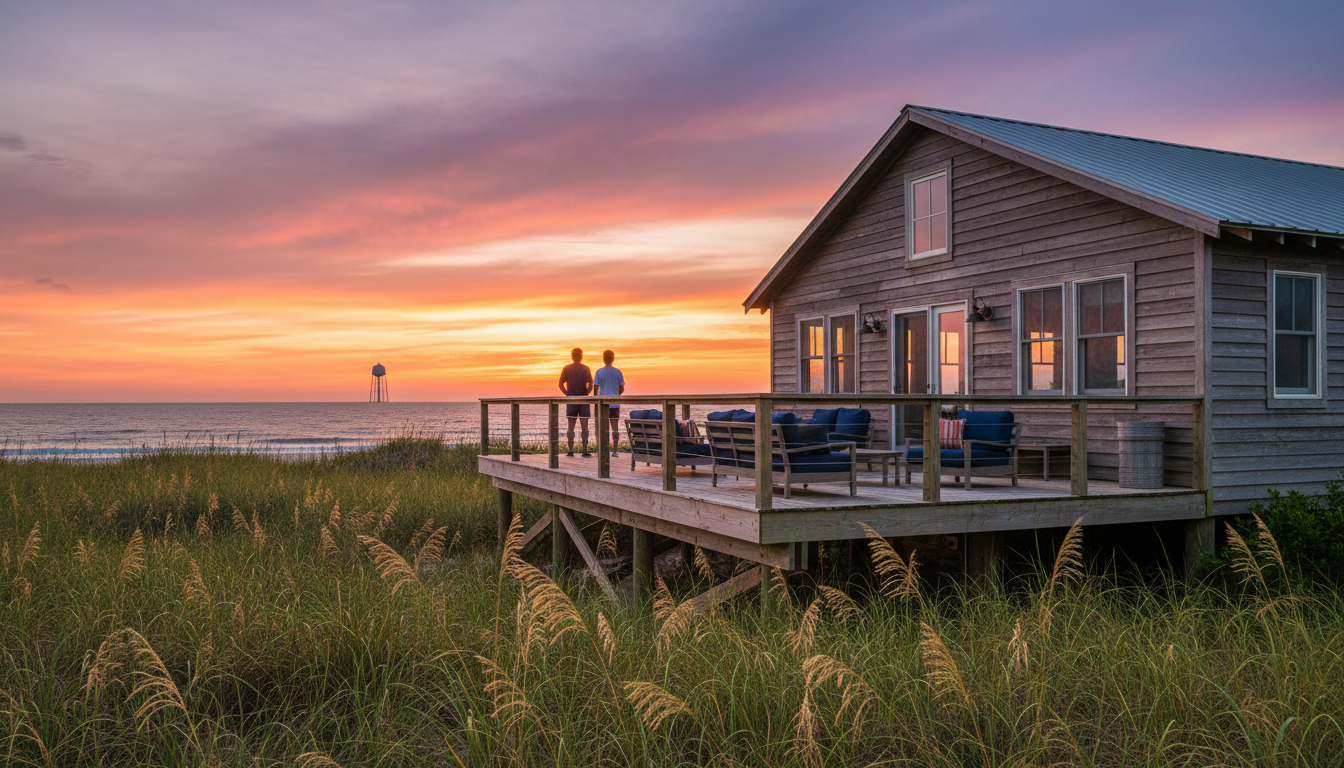 weathered wooden beach house on stilts with wraparound deck, sea oats in foreground, Sullivans Islan