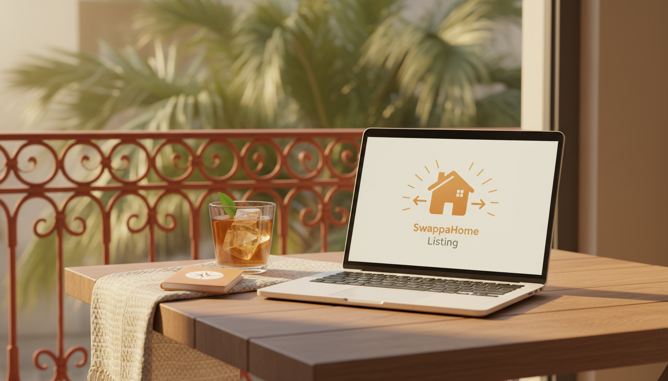 laptop open on a sunny Charleston piazza with SwappaHome listing visible on screen, iced tea and a g