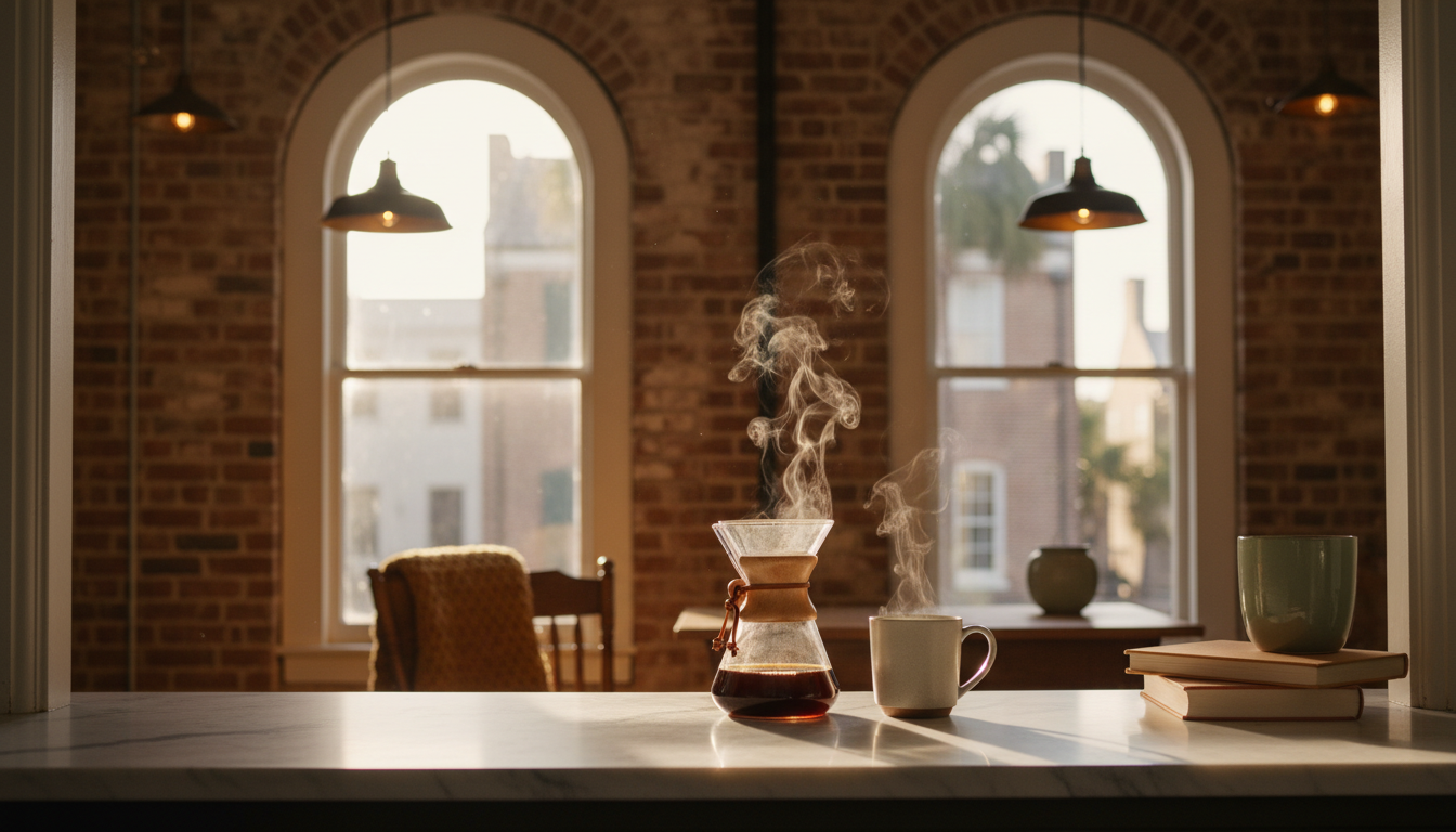 steaming cup of pour-over coffee on a marble counter at a Charleston coffee shop, morning light thro