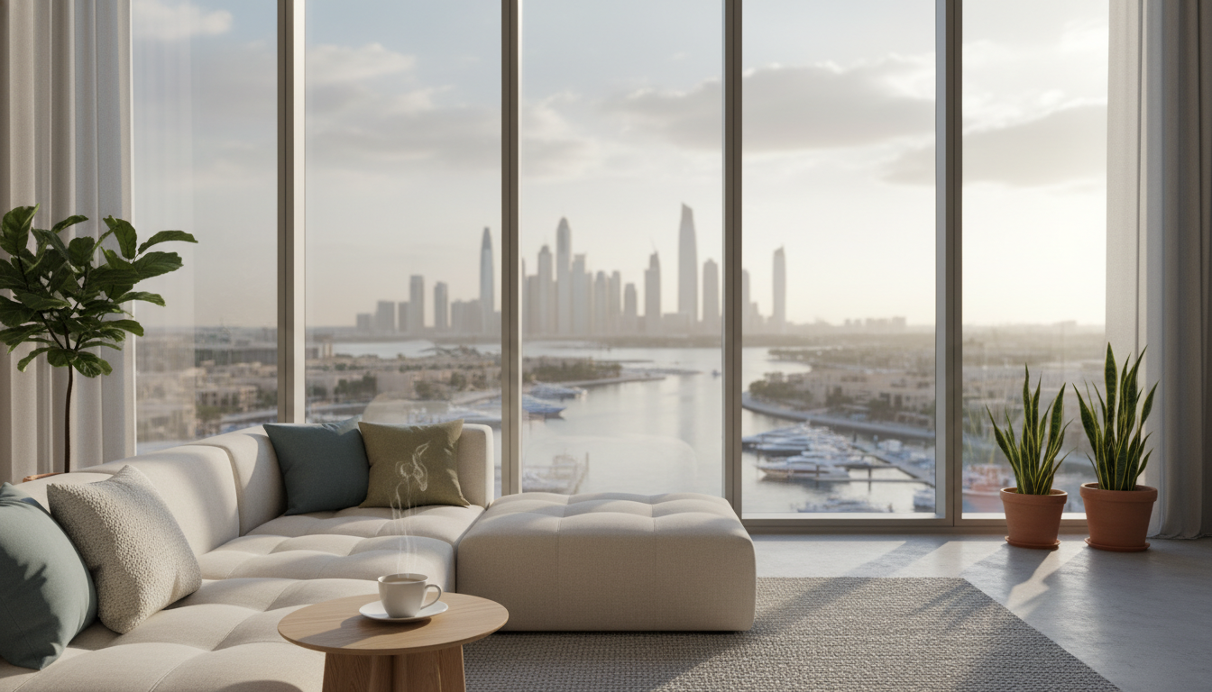 elegant Dubai Marina apartment interior with floor-to-ceiling windows overlooking the marina, comfor