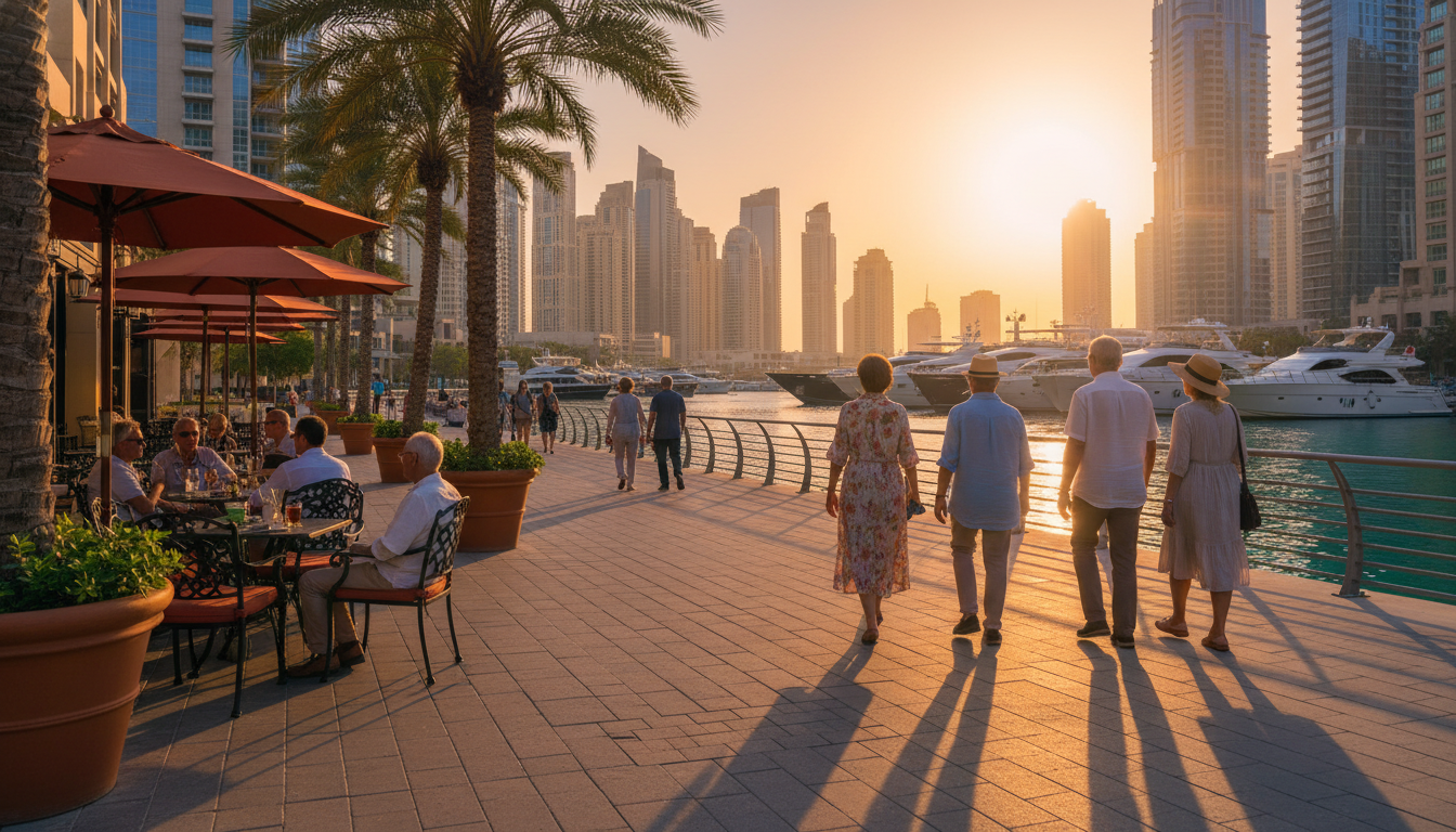 Dubai Marina promenade at golden hour, seniors walking along the waterfront, outdoor caf seating wit