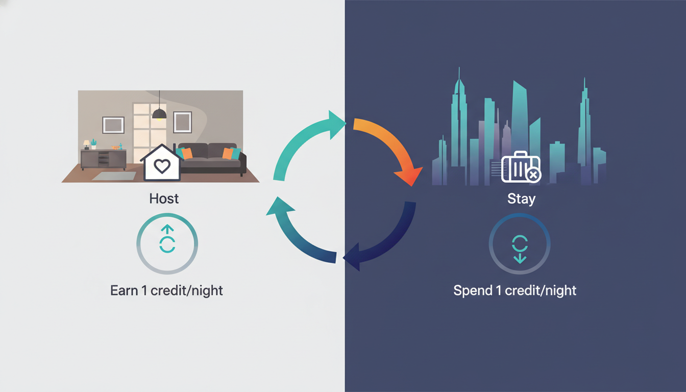 split-screen infographic showing credit exchange concept - left side shows cozy home interior with H
