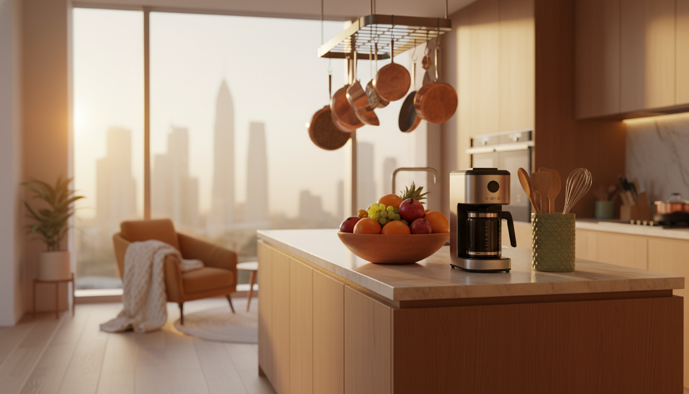 modern Dubai apartment kitchen with granite countertops, fully stocked with cooking equipment, morni