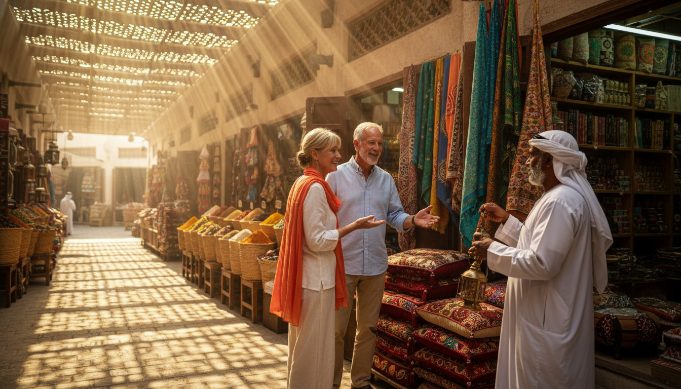 traditional Dubai souk with golden light filtering through wooden lattice roof, senior Western touri