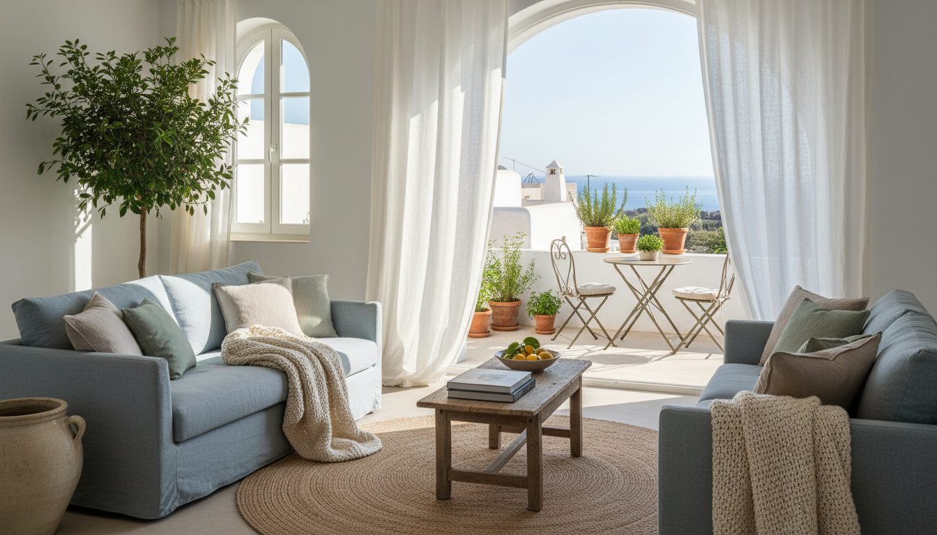 Bright, airy living room in a Mediterranean apartment with comfortable seating, large windows lettin