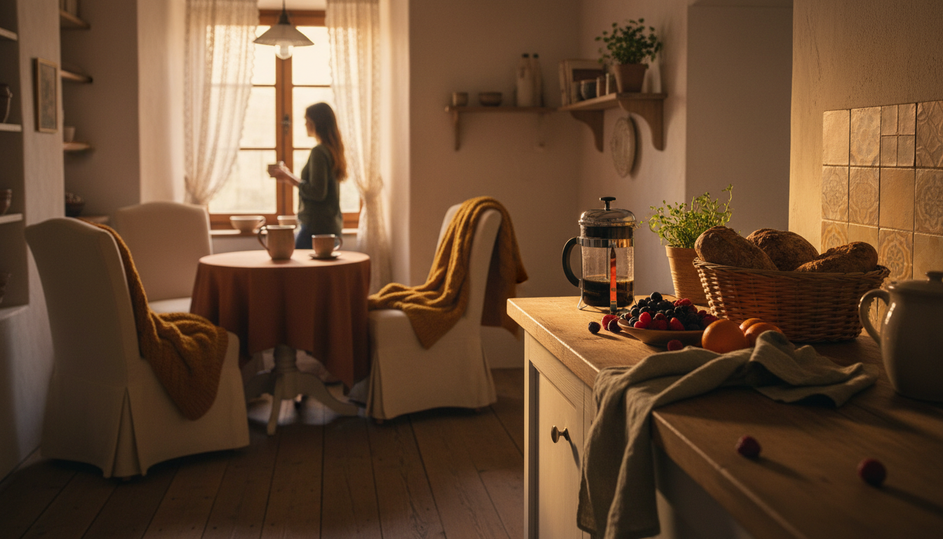 Cozy European kitchen with a small dining nook, morning light streaming through lace curtains, fresh